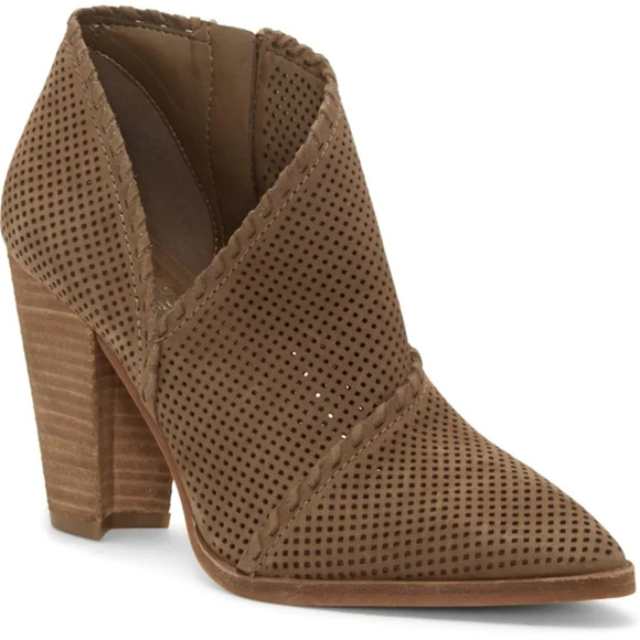 VINCE CAMUTO Lamorna Perforated Leather Pointy Bootie, Stacked Heel, Brown, 8.5 - Picture 1 of 11